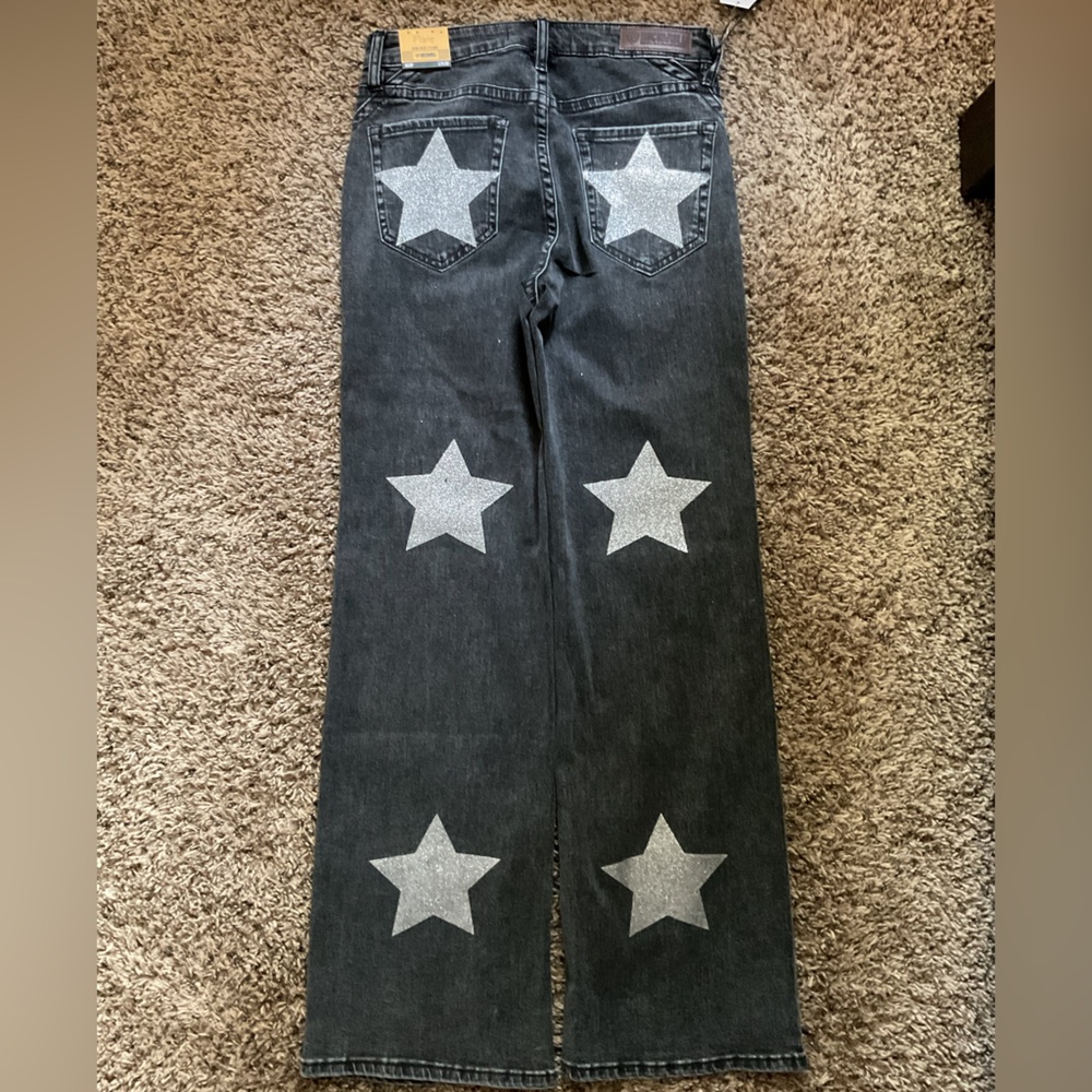 Black Flare Jeans with Silver Glitter Star Accents - Picture 2 of 5